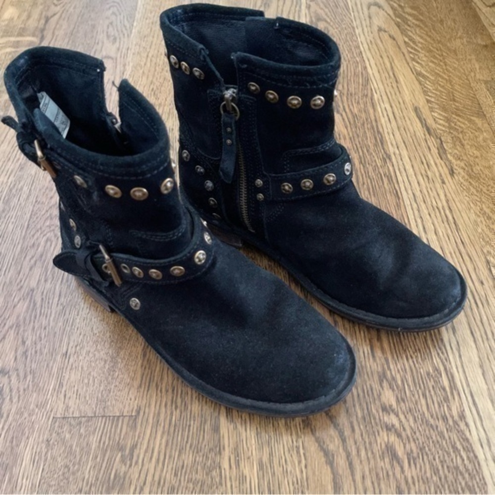 UGG Australia Fabrizia black suede leather combat moto style studded boots